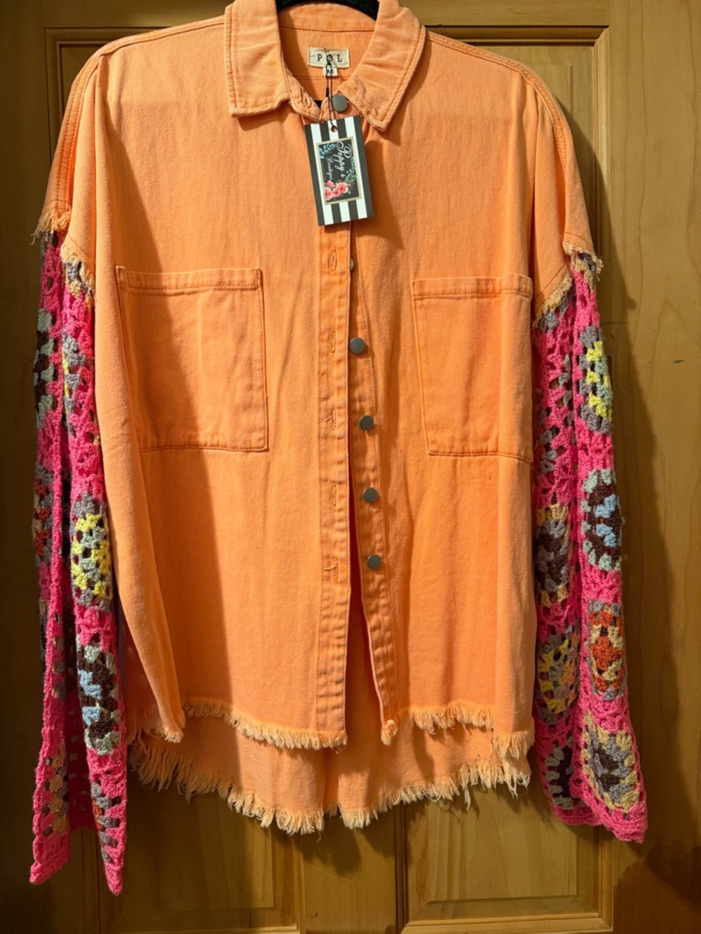 POL Orange Button-Front Shirt with Crochet Pink Multicolor Sleeves Size Medium